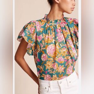 Trovata Carla Highneck Blouse, Teal Dahlia Size Medium